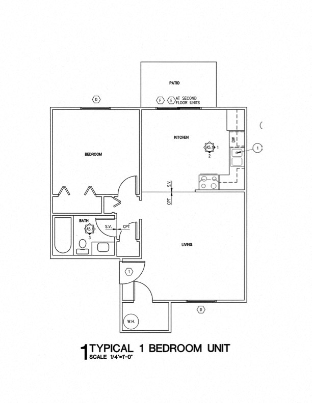 Floor plan for 1 bed, 1 bath, 644 sqft
